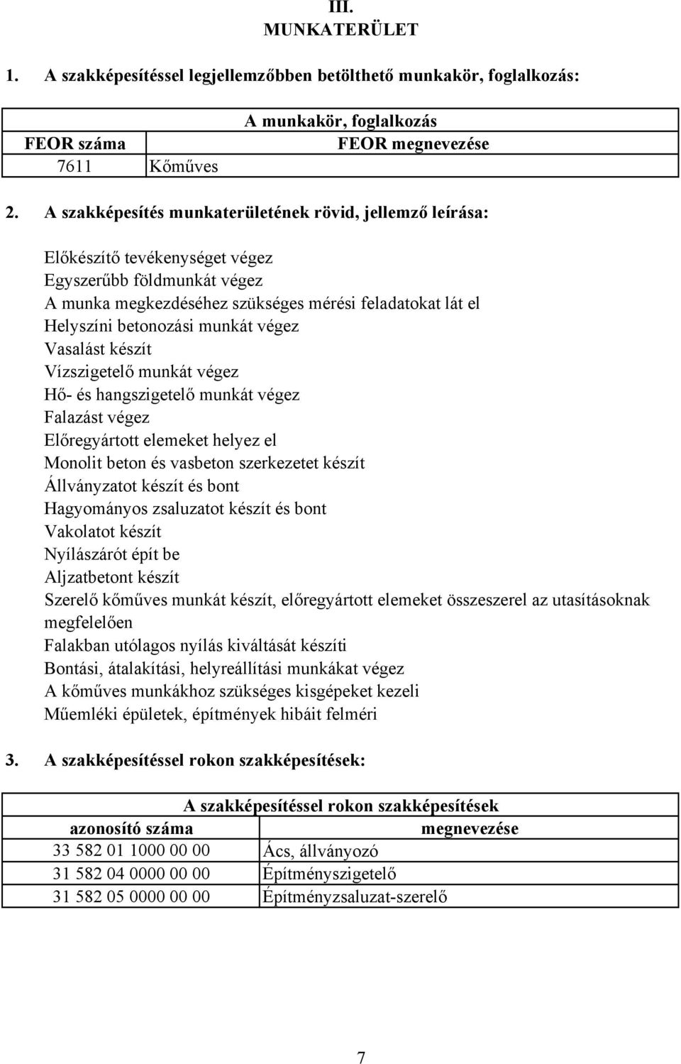 munkát végez Vasalást készít Vízszigetelő munkát végez Hő- és hangszigetelő munkát végez Falazást végez Előregyártott elemeket helyez el Monolit beton és vasbeton szerkezetet készít Állványzatot