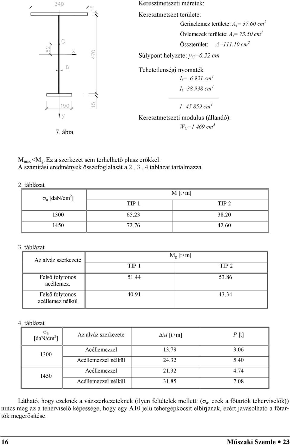 A számítási eredmének összefoglalását a., 3., 4.táblázat tartalmazza.. táblázat a [dan/cm ] M [tem] TIP 1 TIP 1300 65.3 38.0 1450 7.76 4.60 3. táblázat Az alváz szerkezete FelsA foltonos acéllemez.