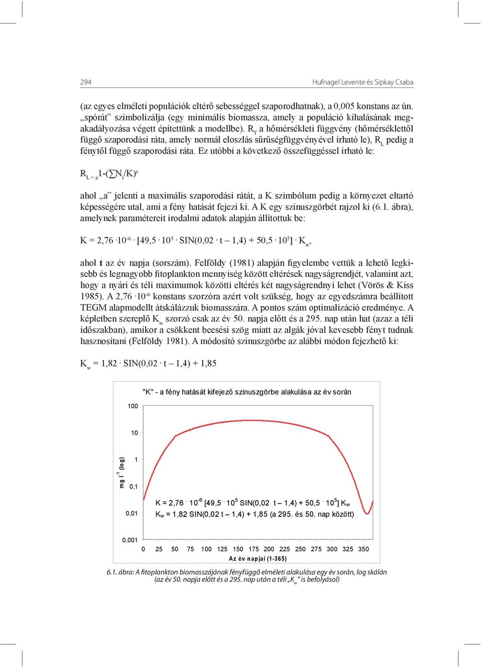 R T a hőmérsékleti függvény (hőmérséklettől függő szaporodási ráta, amely normál eloszlás sűrűségfüggvényével írható le), R L pedig a fénytől függő szaporodási ráta.