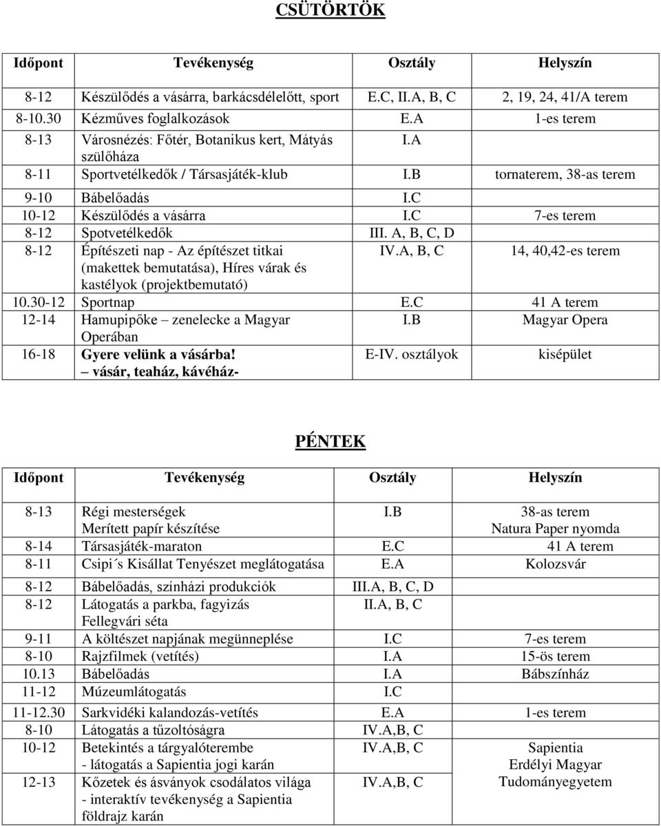 C 7-es terem 8-12 Spotvetélkedők III. A, B, C, D 8-12 Építészeti nap - Az építészet titkai IV.A, B, C 14, 40,42-es terem (makettek bemutatása), Híres várak és kastélyok (projektbemutató) 10.