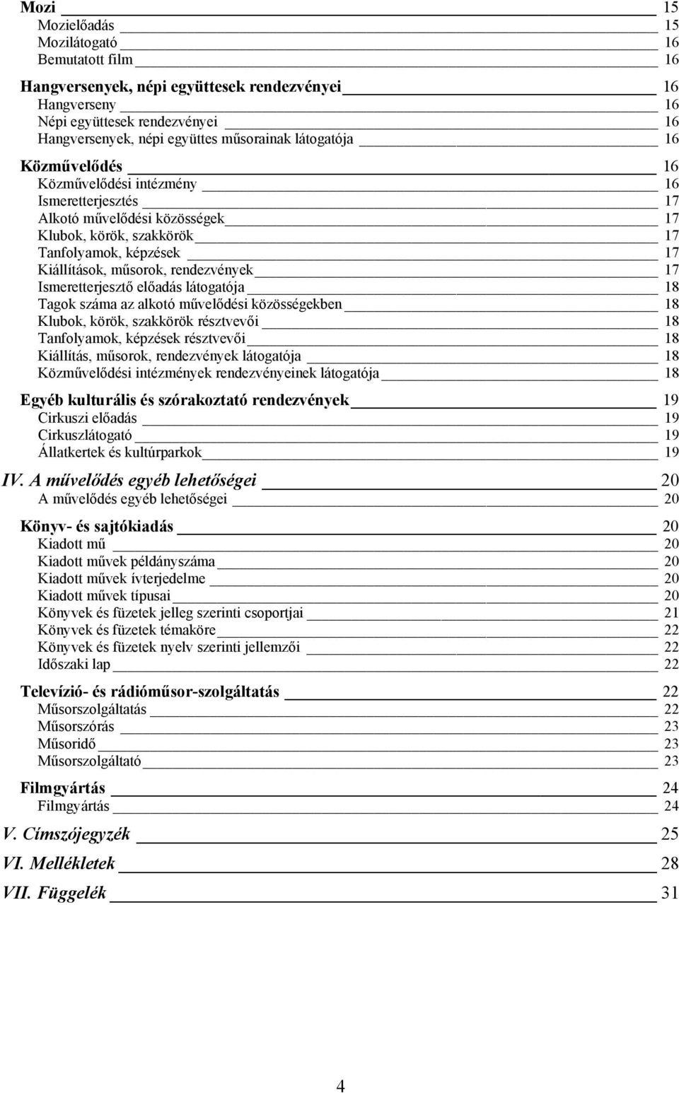 17 Ismeretterjesztő előadás látogatója 18 Tagok száma az alkotó művelődési közösségekben 18 Klubok, körök, szakkörök résztvevői 18 Tanfolyamok, képzések résztvevői 18 Kiállítás, műsorok, rendezvények