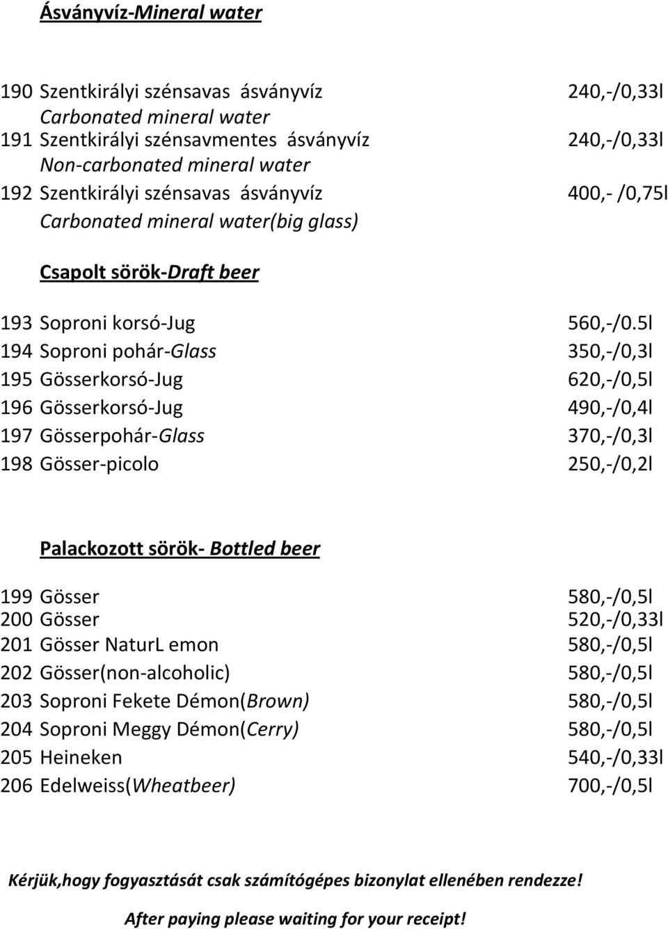 5l 194 Soproni pohár-glass 350,-/0,3l 195 Gösserkorsó-Jug 620,-/0,5l 196 Gösserkorsó-Jug 490,-/0,4l 197 Gösserpohár-Glass 370,-/0,3l 198 Gösser-picolo 250,-/0,2l Palackozott sörök- Bottled beer 199