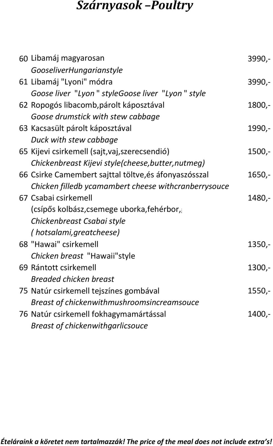 Csirke Camembert sajttal töltve,és áfonyaszósszal 1650,- Chicken filledb ycamambert cheese withcranberrysouce 67 Csabai csirkemell 1480,- (csípős kolbász,csemege uborka,fehérbor,gomba) Chickenbreast