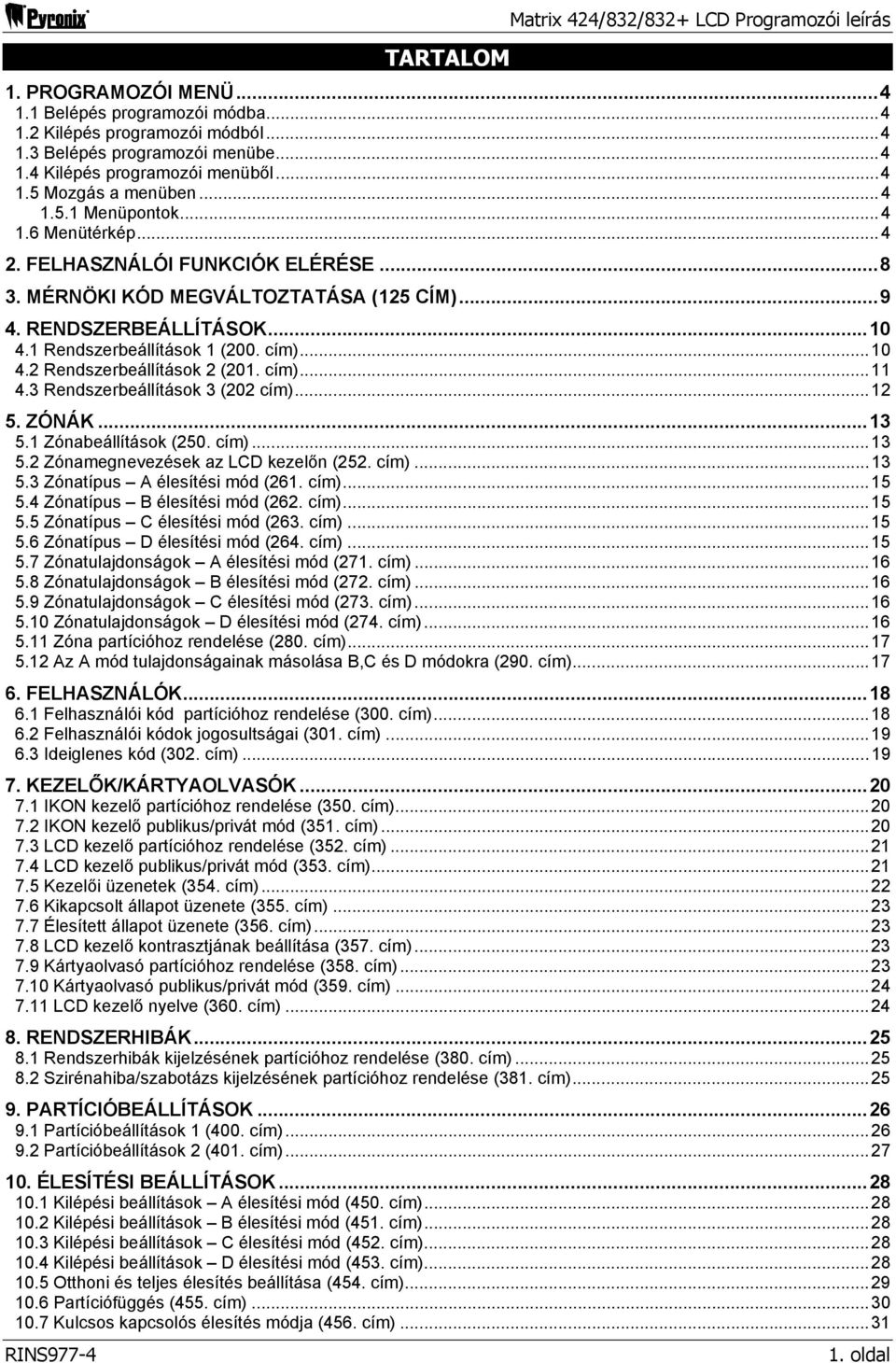 1 Rendszerbeállítások 1 (200. cím)...10 4.2 Rendszerbeállítások 2 (201. cím)...11 4.3 Rendszerbeállítások 3 (202 cím)...12 5. ZÓNÁK...13 5.1 Zónabeállítások (250. cím)...13 5.2 Zónamegnevezések az LCD kezelőn (252.