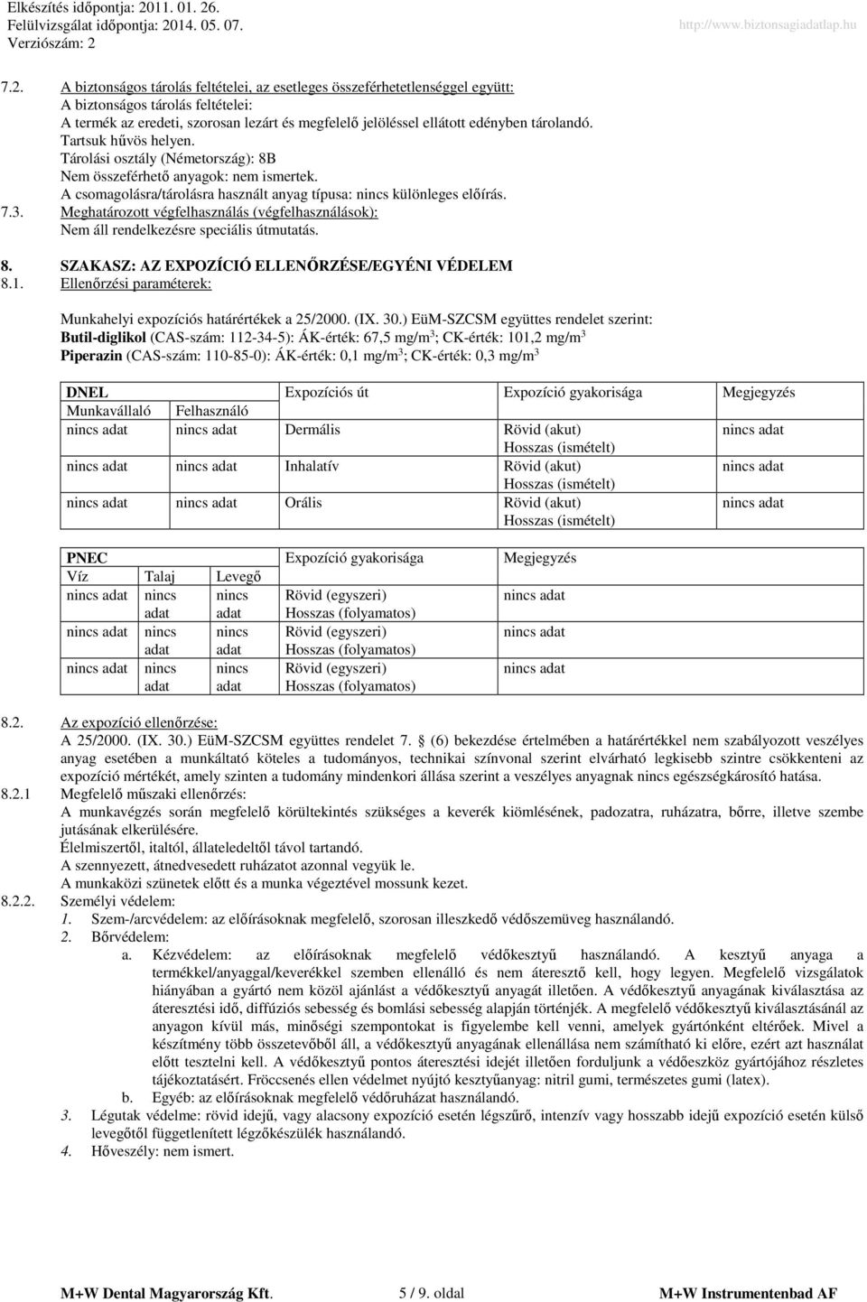 Meghatározott végfelhasználás (végfelhasználások): Nem áll rendelkezésre speciális útmutatás. 8. SZAKASZ: AZ EXPOZÍCIÓ ELLENŐRZÉSE/EGYÉNI VÉDELEM 8.1.