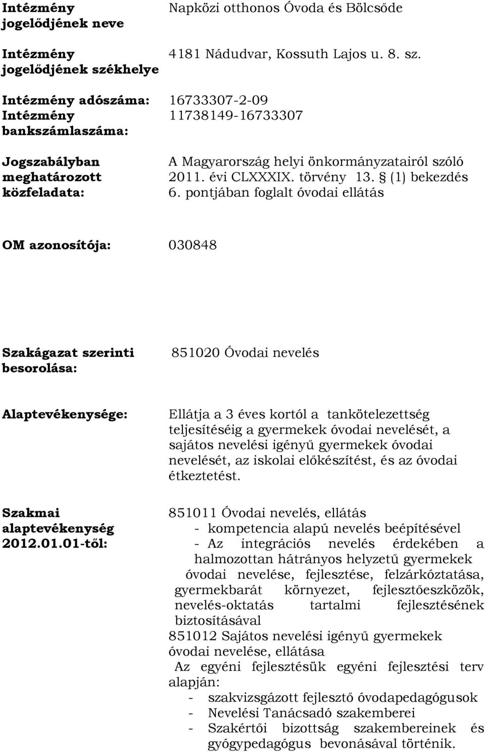 Intézmény adószáma: 16733307-2-09 Intézmény 11738149-16733307 bankszámlaszáma: Jogszabályban meghatározott közfeladata: A Magyarország helyi önkormányzatairól szóló 2011. évi CLXXXIX. törvény 13.