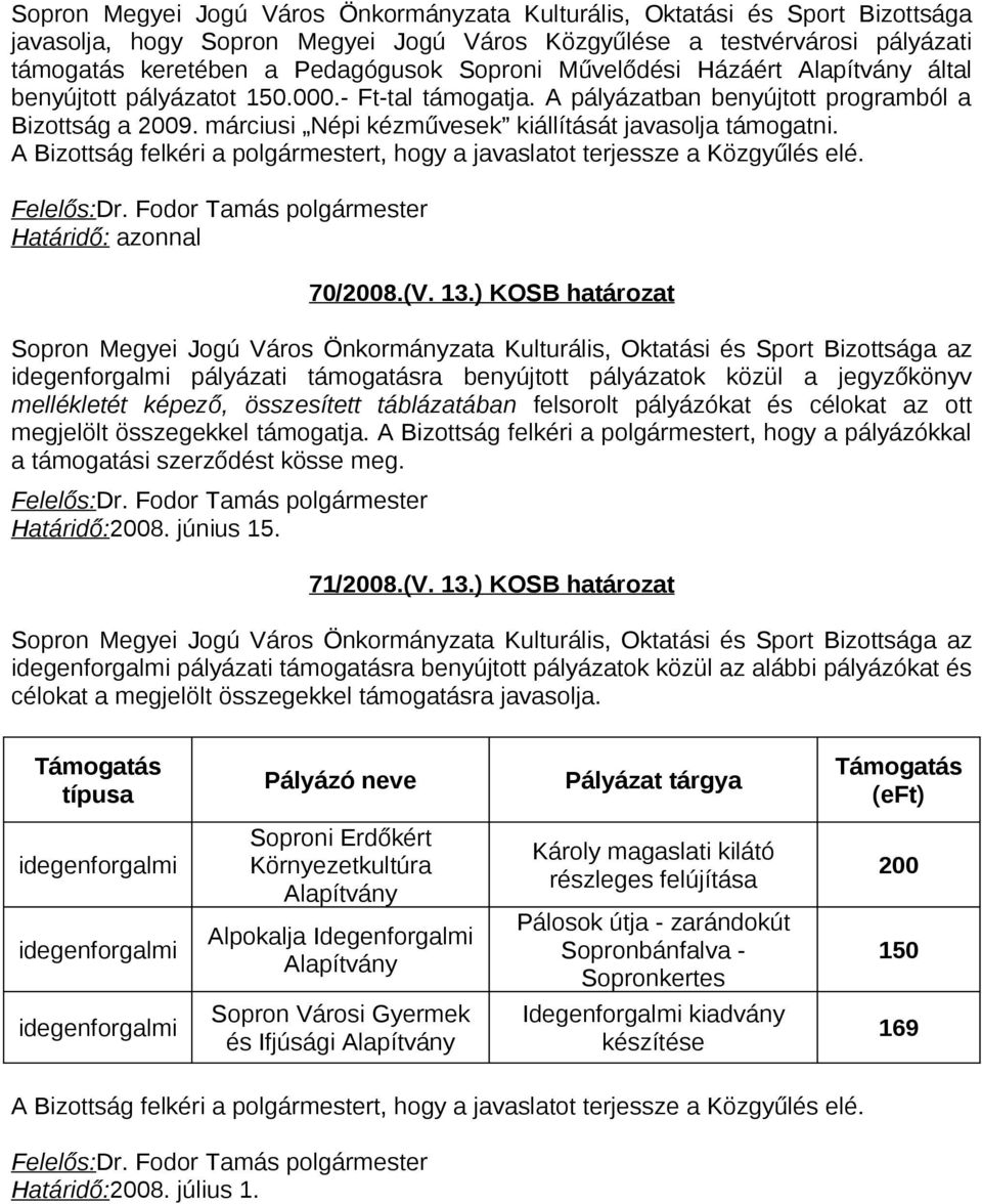 A Bizottság felkéri a polgármestert, hogy a javaslatot terjessze a Közgyűlés elé. Felelős:Dr. Fodor Tamás polgármester 70/2008.(V. 13.