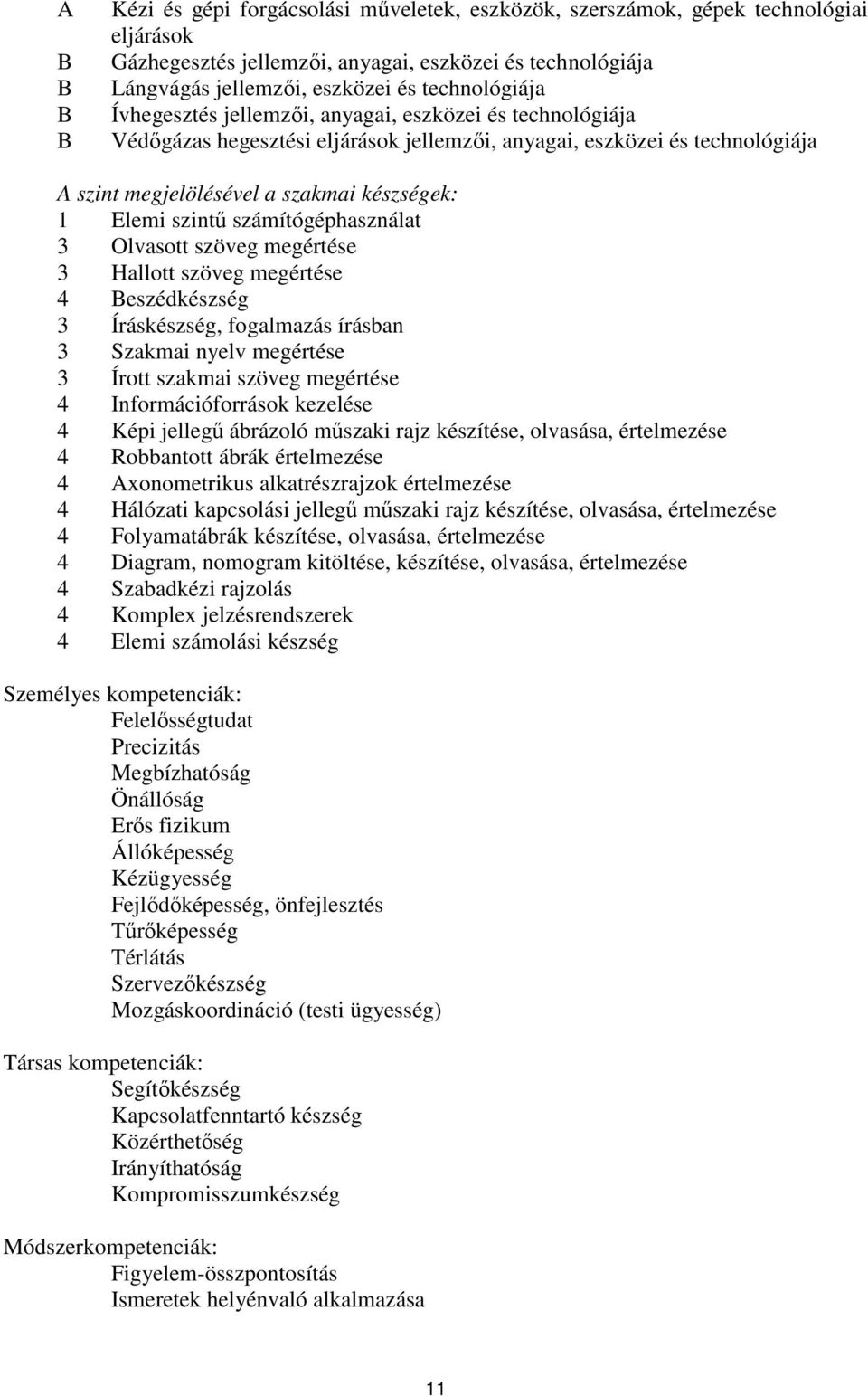 Elemi szintű számítógéphasználat 3 Olvasott szöveg megértése 3 Hallott szöveg megértése 4 Beszédkészség 3 Íráskészség, fogalmazás írásban 3 Szakmai nyelv megértése 3 Írott szakmai szöveg megértése 4