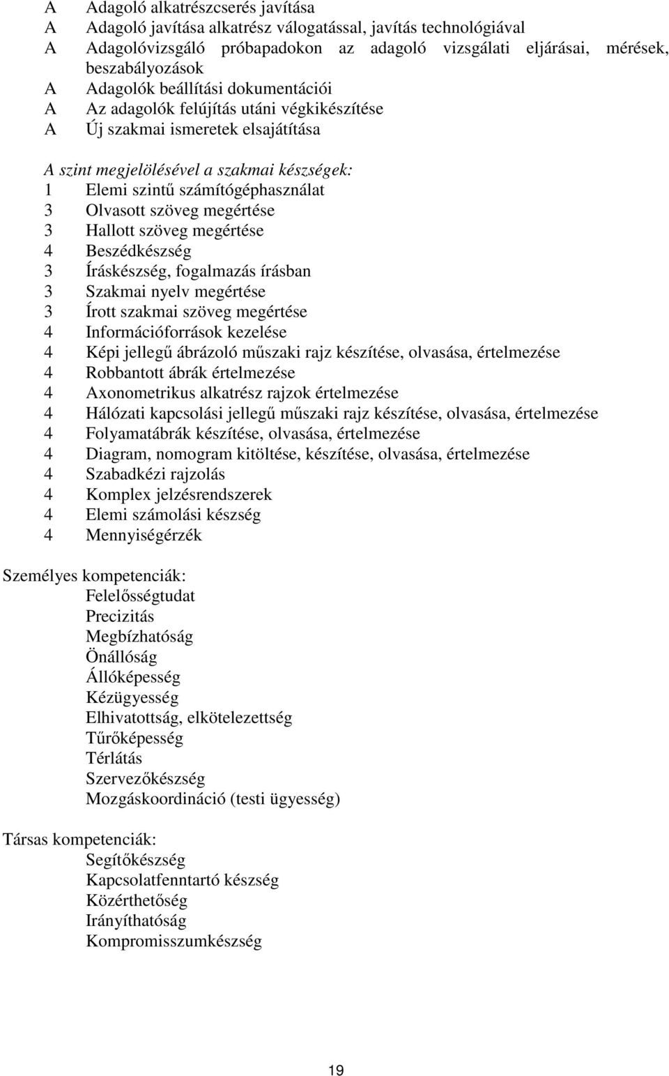 Olvasott szöveg megértése 3 Hallott szöveg megértése 4 Beszédkészség 3 Íráskészség, fogalmazás írásban 3 Szakmai nyelv megértése 3 Írott szakmai szöveg megértése 4 Információforrások kezelése 4 Képi