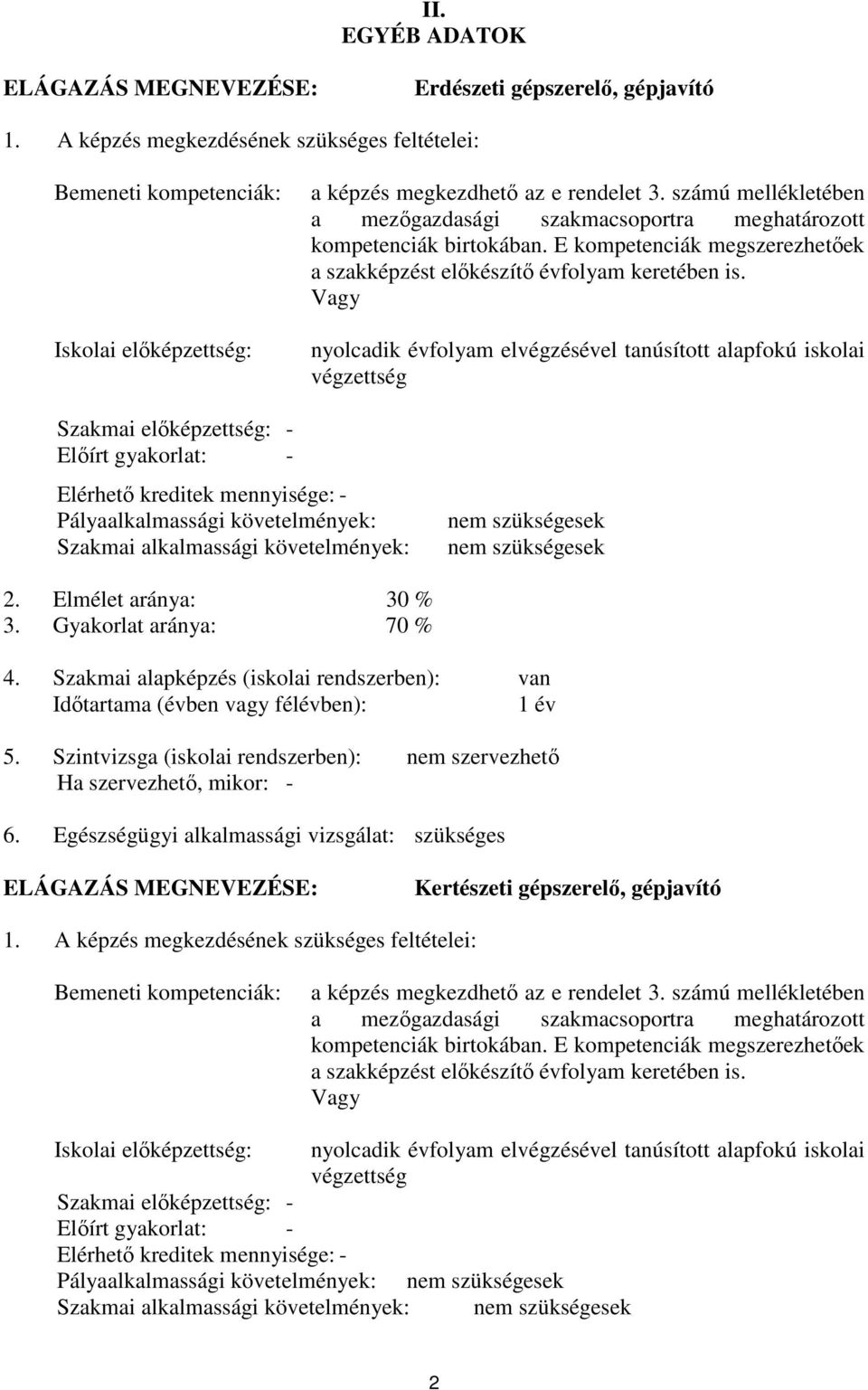 számú mellékletében a mezőgazdasági szakmacsoportra meghatározott kompetenciák birtokában. E kompetenciák megszerezhetőek a szakképzést előkészítő évfolyam keretében is.