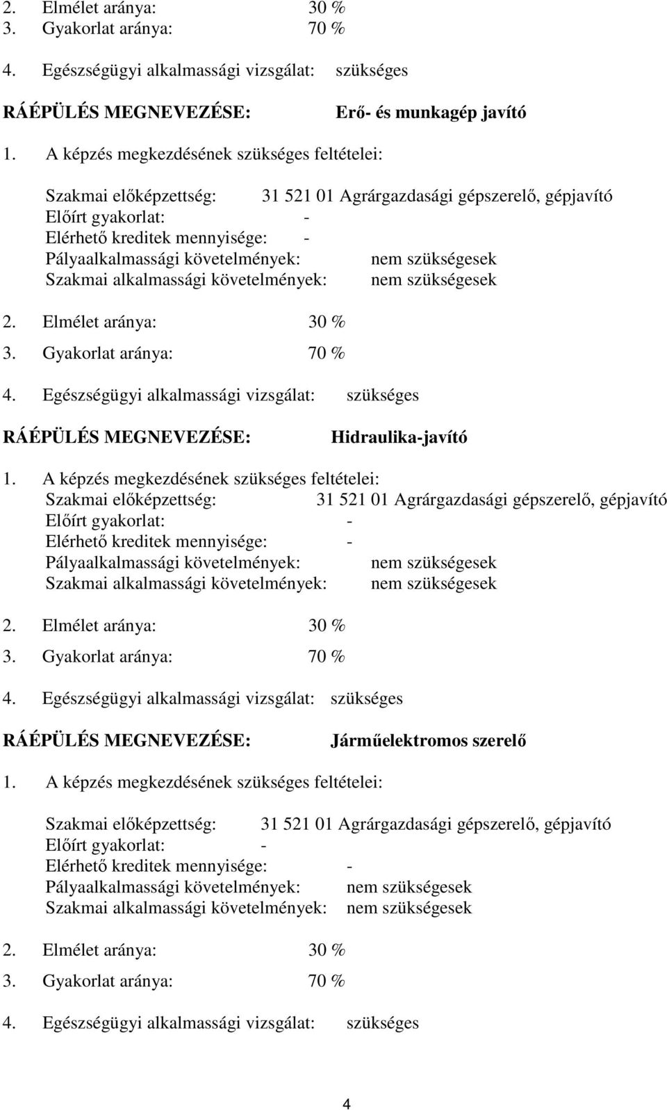 nem szükségesek Szakmai alkalmassági követelmények: nem szükségesek 2. Elmélet aránya: 30 % 3. Gyakorlat aránya: 70 % 4.