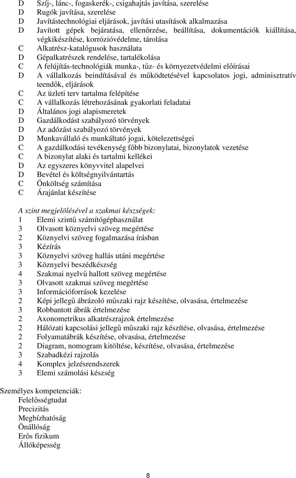 felújítás-technológiák munka-, tűz- és környezetvédelmi előírásai A vállalkozás beindításával és működtetésével kapcsolatos jogi, adminisztratív teendők, eljárások Az üzleti terv tartalma felépítése