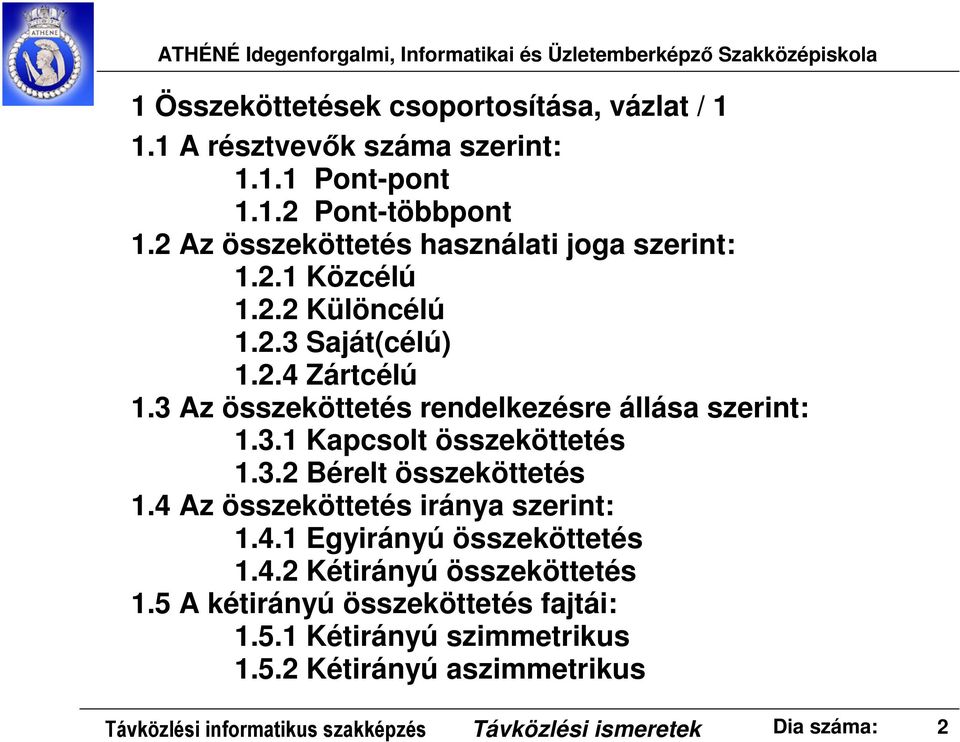 3 Az összeköttetés rendelkezésre állása szerint:.3. Kapcsolt összeköttetés.3.2 Bérelt összeköttetés.4 Az összeköttetés iránya szerint:.4. Egyirányú összeköttetés.