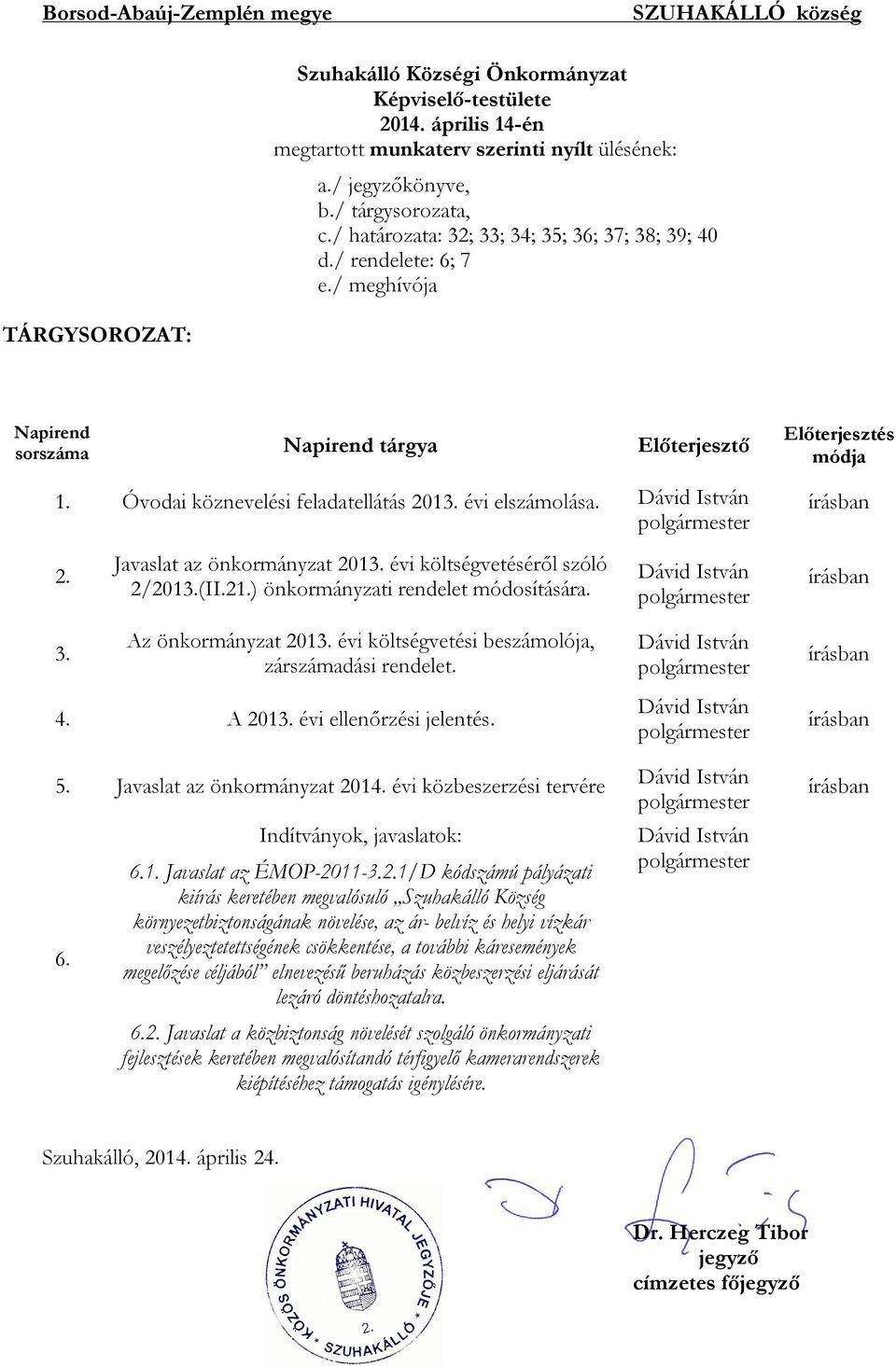 Óvodai köznevelési feladatellátás 2013. évi elszámolása. Dávid István polgármester 2. Javaslat az önkormányzat 2013. évi költségvetéséről szóló 2/2013.(II.21.) önkormányzati rendelet módosítására.
