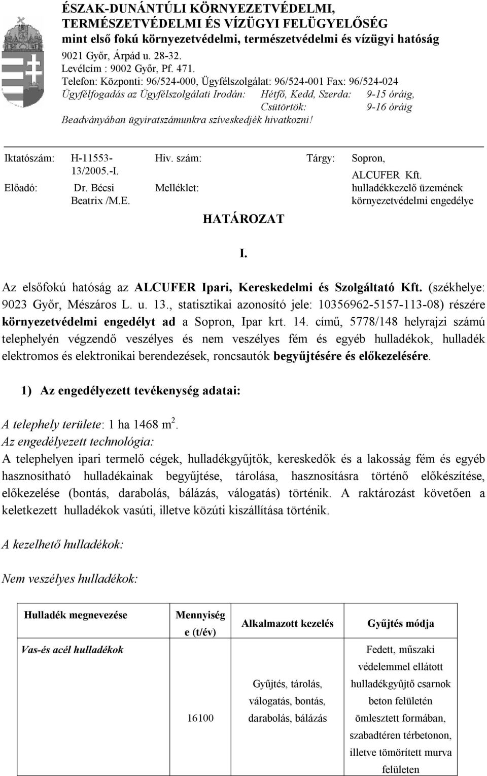 ügyiratszámunkra szíveskedjék hivatkozni! Iktatószám: Előadó: H-11553-13/2005.-I. Dr. Bécsi Beatrix /M.E. Hiv. szám: Melléklet: HATÁROZAT Tárgy: Sopron, ALCUFER Kft.