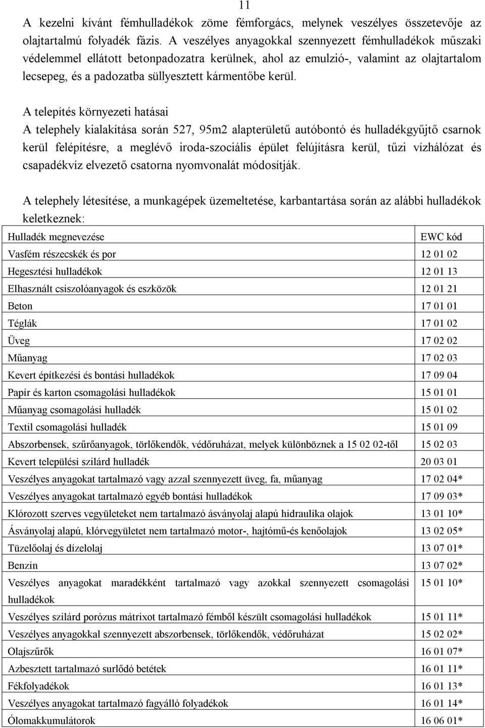 A telepítés környezeti hatásai A telephely kialakítása során 527, 95m2 alapterületű autóbontó és hulladékgyűjtő csarnok kerül felépítésre, a meglévő iroda-szociális épület felújításra kerül, tűzi