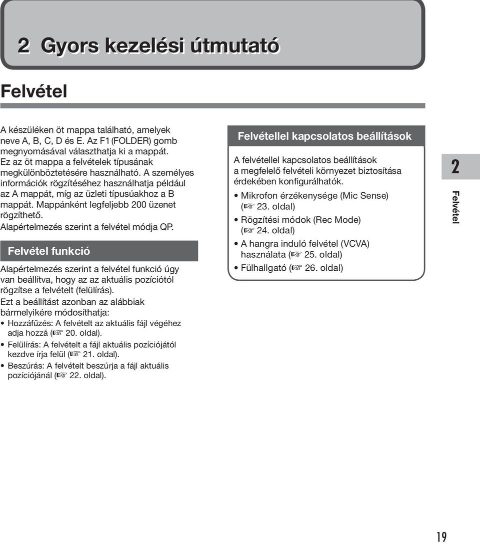 Mappánként legfeljebb 00 üzenet rögzíthető. Alapértelmezés szerint a felvétel módja QP.