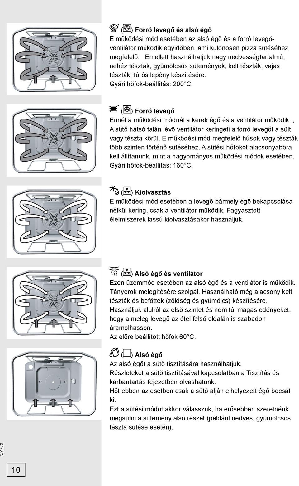 ( ) Forró levegő Ennél a működési módnál a kerek égő és a ventilátor működik., A sütő hátsó falán lévő ventilátor keringeti a forró levegőt a sült vagy tészta körül.