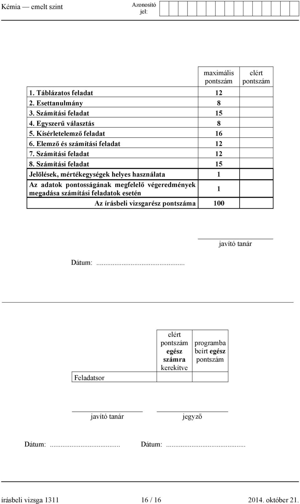 Számítási feladat 15 Jelölések, mértékegységek helyes használata 1 Az adatok pontosságának megfelelő végeredmények megadása számítási feladatok