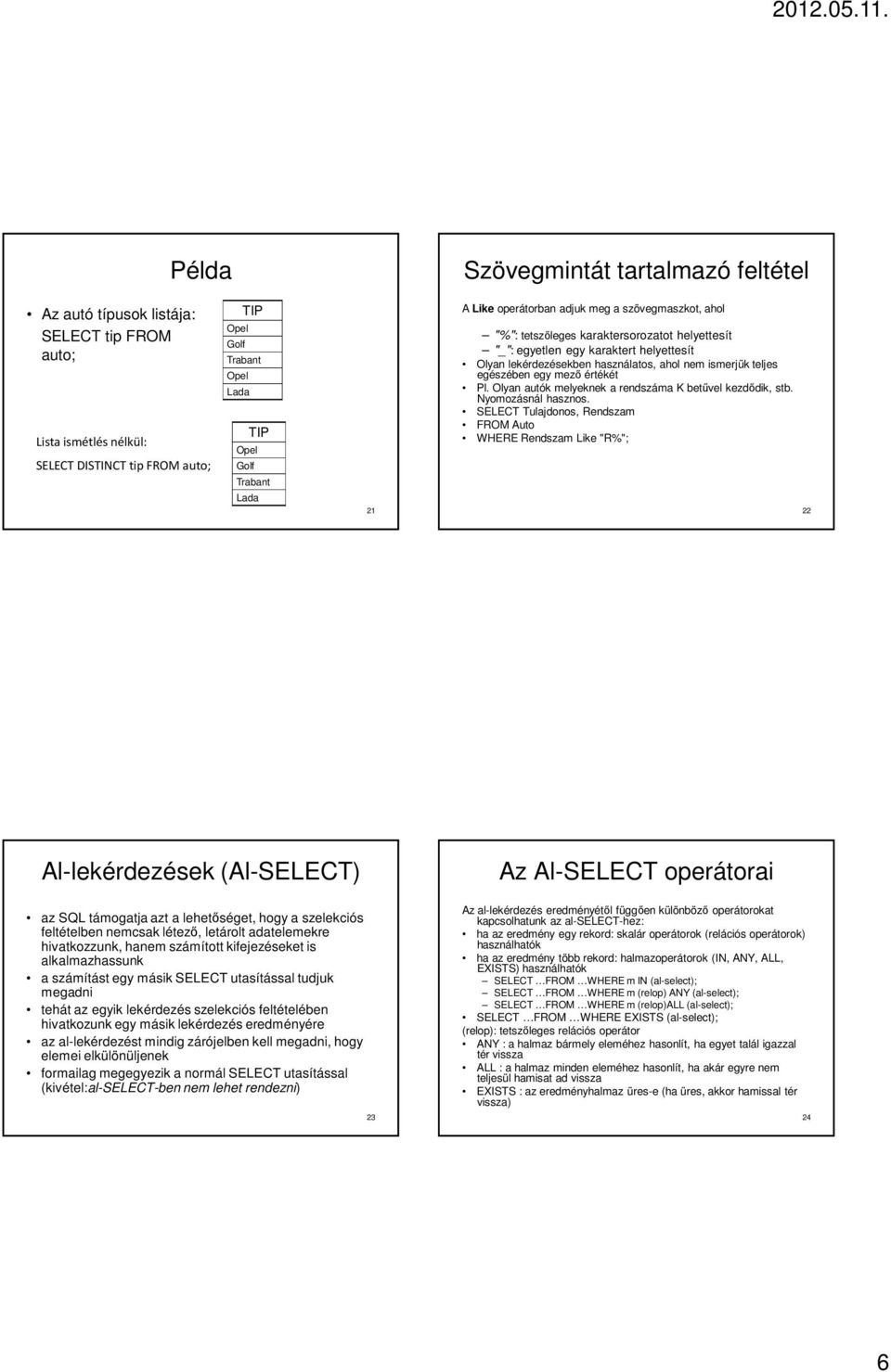 teljes egészében egy mező értékét Pl. Olyan autók melyeknek a rendszáma K betűvel kezdődik, stb. Nyomozásnál hasznos.