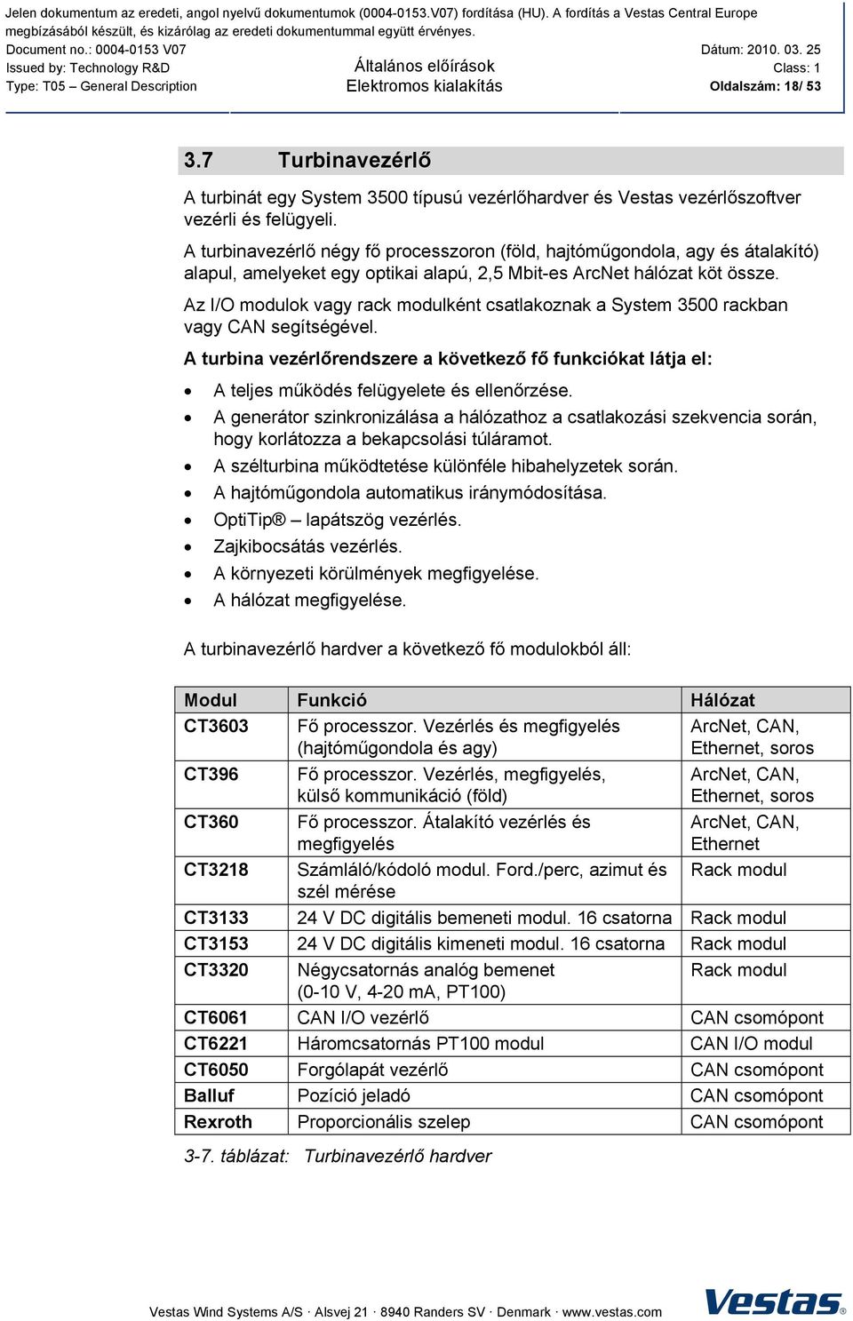 Az I/O modulok vagy rack modulként csatlakoznak a System 3500 rackban vagy CAN segítségével. A turbina vezérlőrendszere a következő fő funkciókat látja el: A teljes működés felügyelete és ellenőrzése.