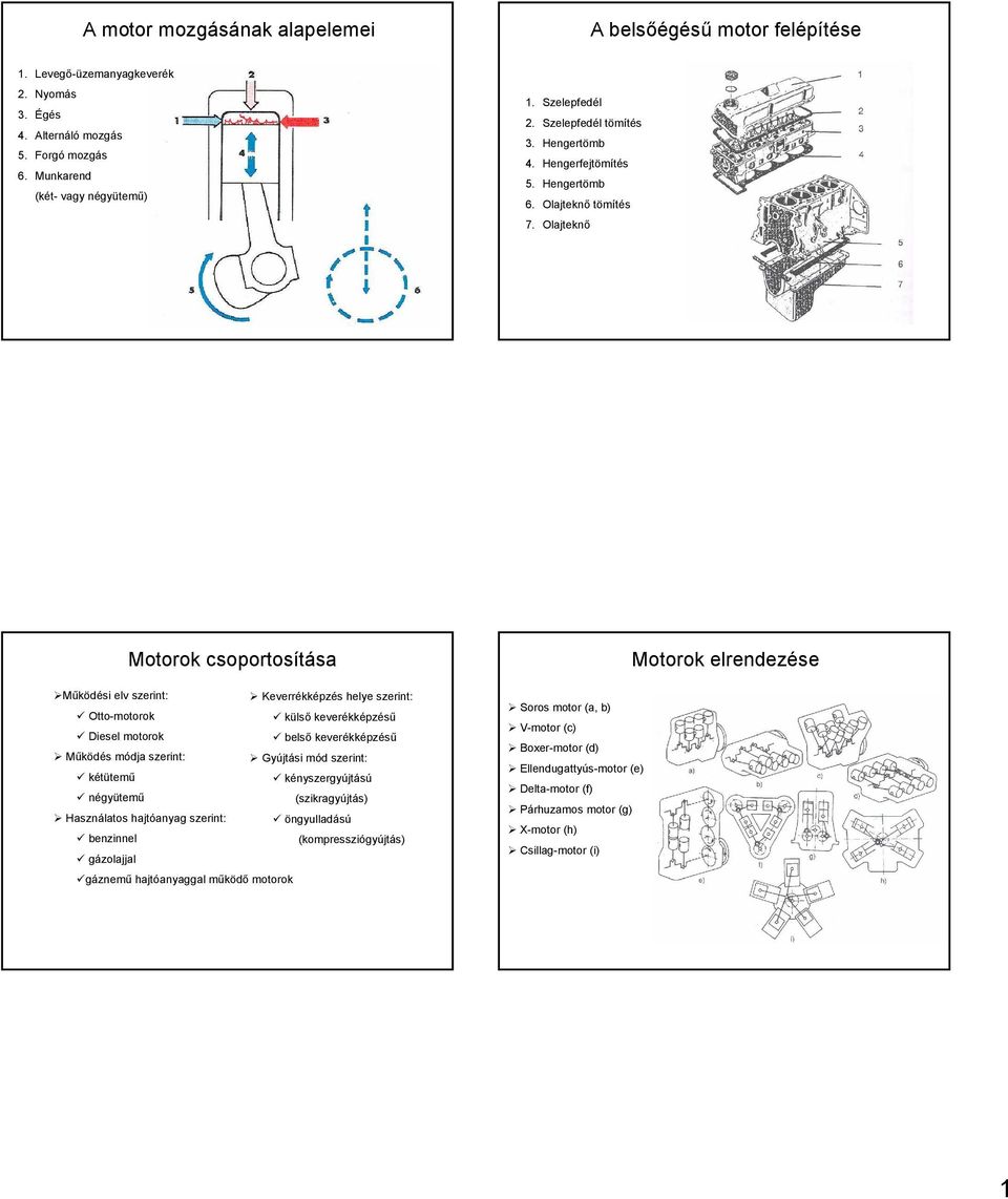 Olajteknő Motorok csoportosítása Működési elv szerint: Keverrékképzés helye szerint: Otto-motorok külső keverékképzésű Diesel motorok belső keverékképzésű Működés módja szerint: Gyújtási mód szerint: