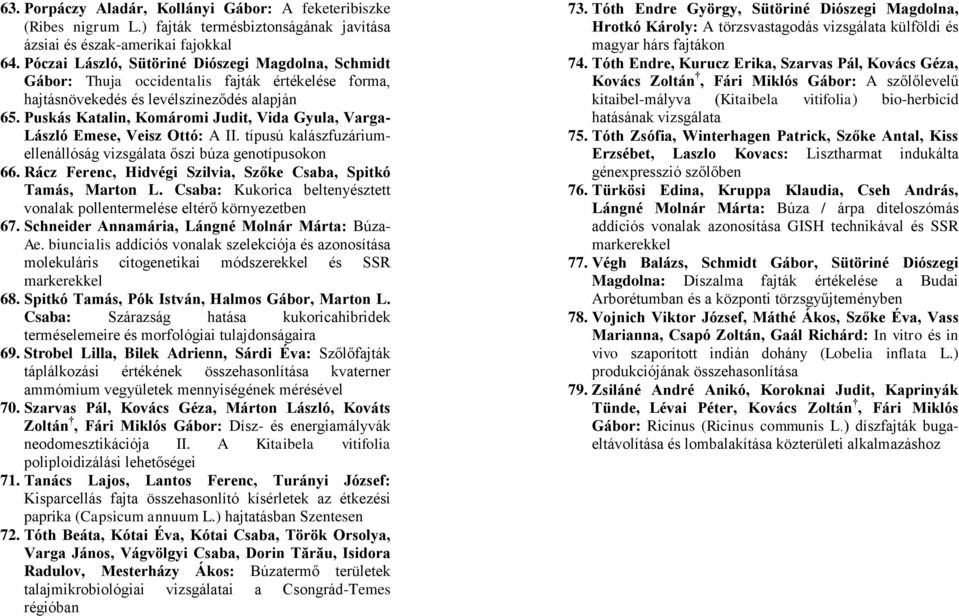 Puskás Katalin, Komáromi Judit, Vida Gyula, Varga- László Emese, Veisz Ottó: A II. típusú kalászfuzáriumellenállóság vizsgálata őszi búza genotípusokon 66.