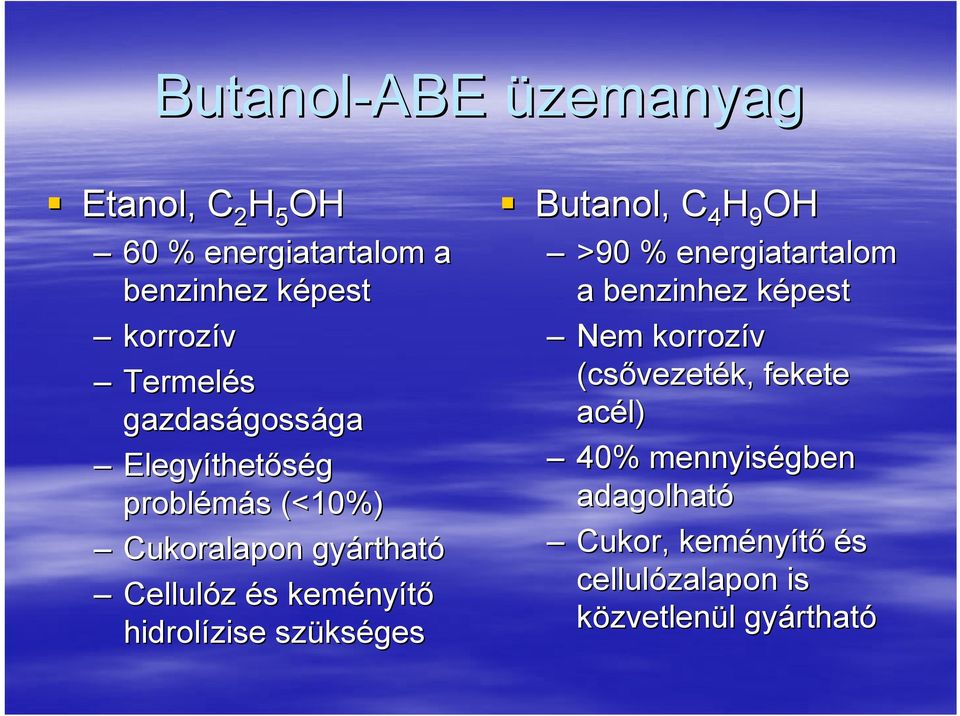 hidrolízise szüks kséges Butanol,, C 4 H 9 H >90 % energiatartalom a benzinhez képest k Nem korrozív (csővezet