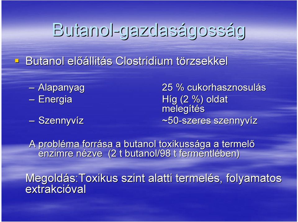 szennyvíz A probléma forrása a butanol toxikussága a termelő enzimre nézve n (2 t