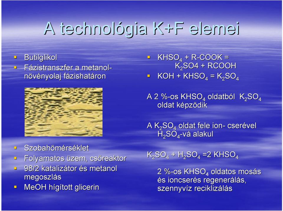 üzem, csőreaktor 98/2 katalizátor tor és s metanol megoszlás MeH hígított glicerin A K 2 S 4 oldat fele ion- cserével H