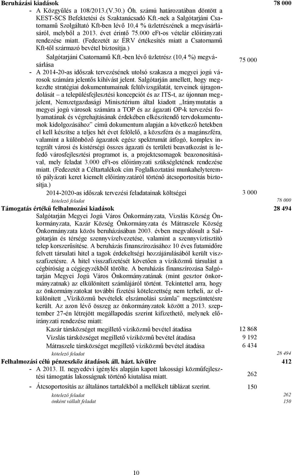 (Fedezetét az ÉRV értékesítés miatt a Csatornamű Kft-től származó bevétel biztosítja.) Salgótarjáni Csatornamű Kft.