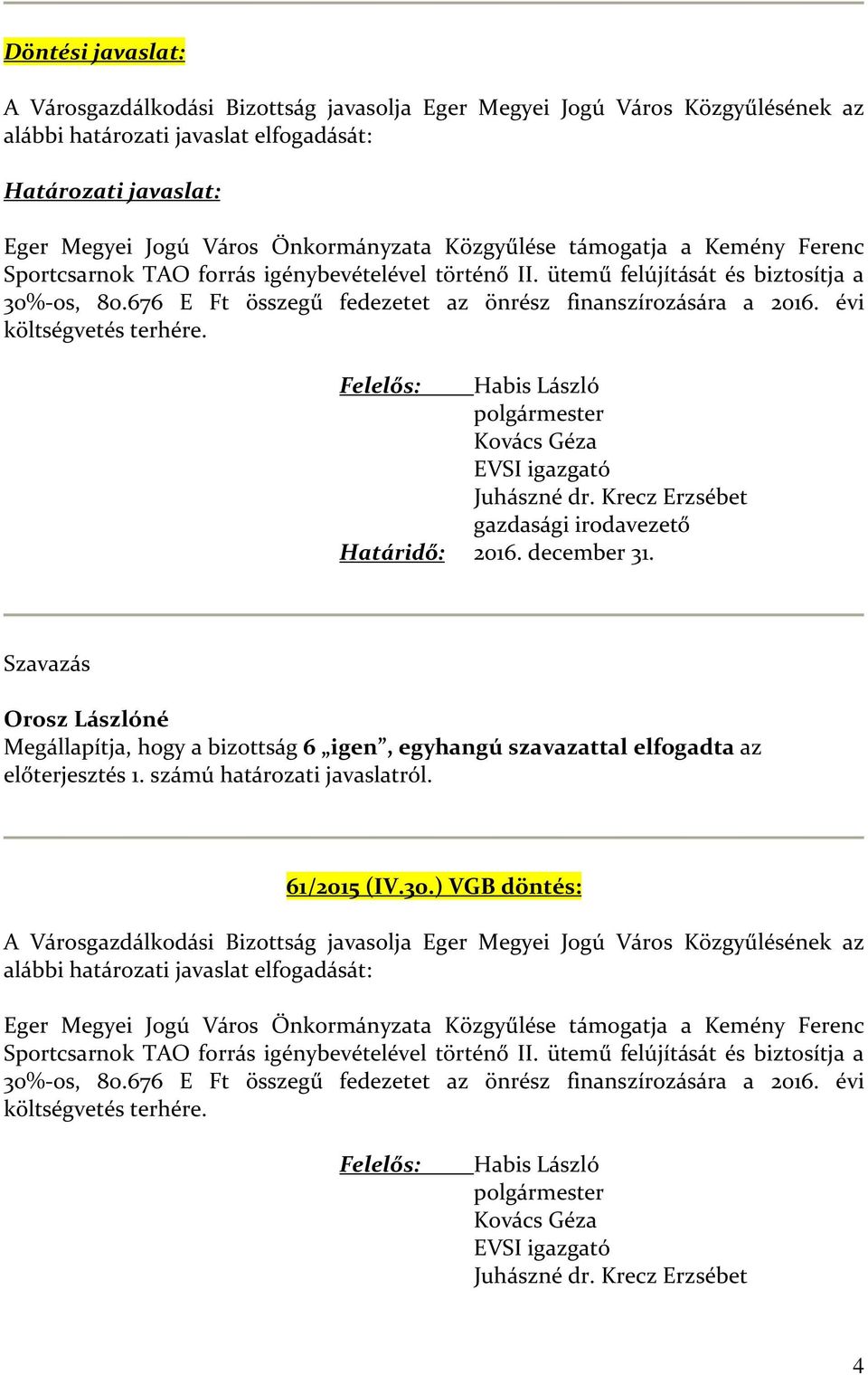 december 31. Szavazás Megállapítja, hogy a bizottság 6 igen, egyhangú szavazattal elfogadta az előterjesztés 1. számú határozati javaslatról. 61/2015 (IV.30.