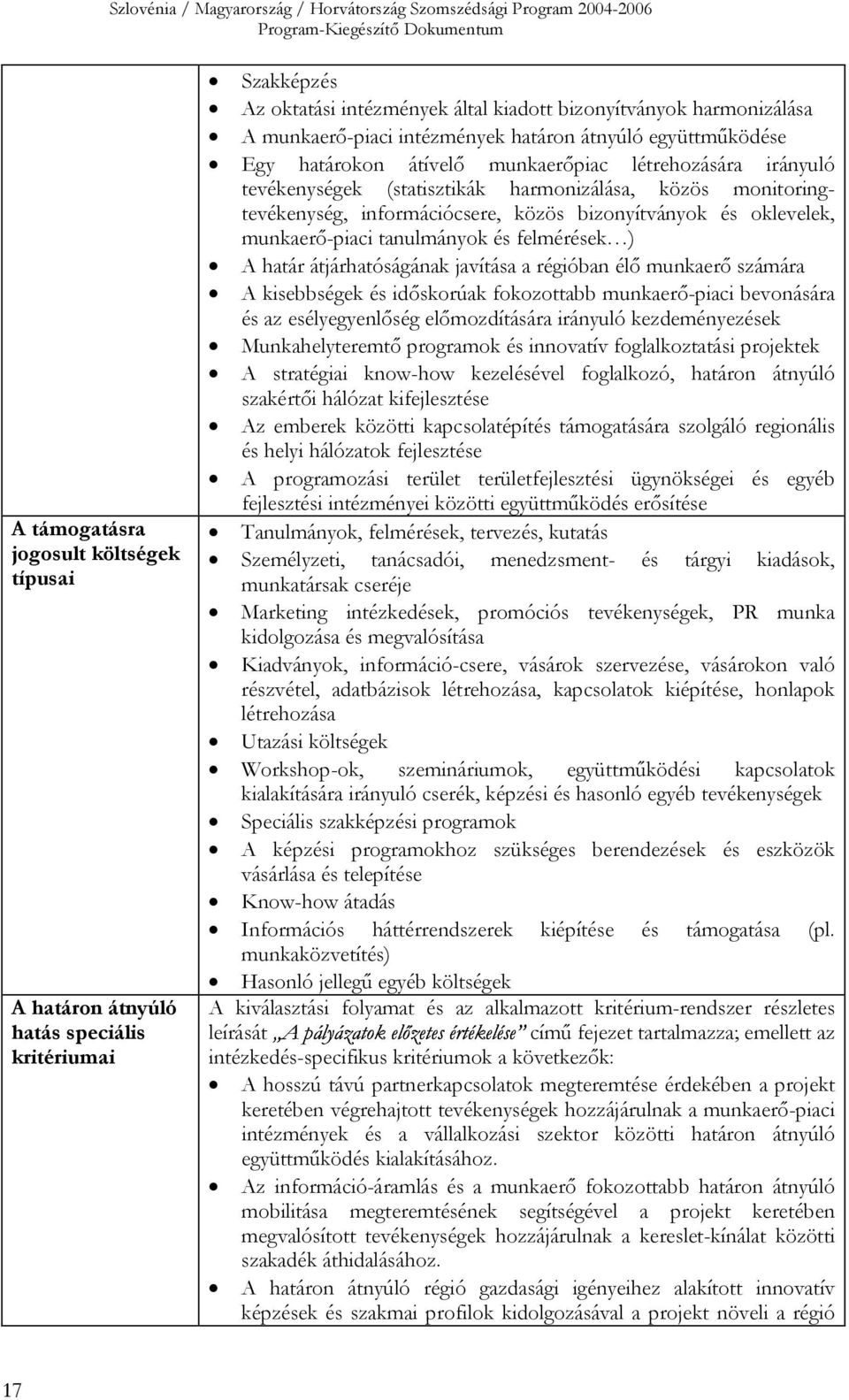 közös monitoringtevékenység, információcsere, közös bizonyítványok és oklevelek, munkaerő-piaci tanulmányok és felmérések ) A határ átjárhatóságának javítása a régióban élő munkaerő számára A