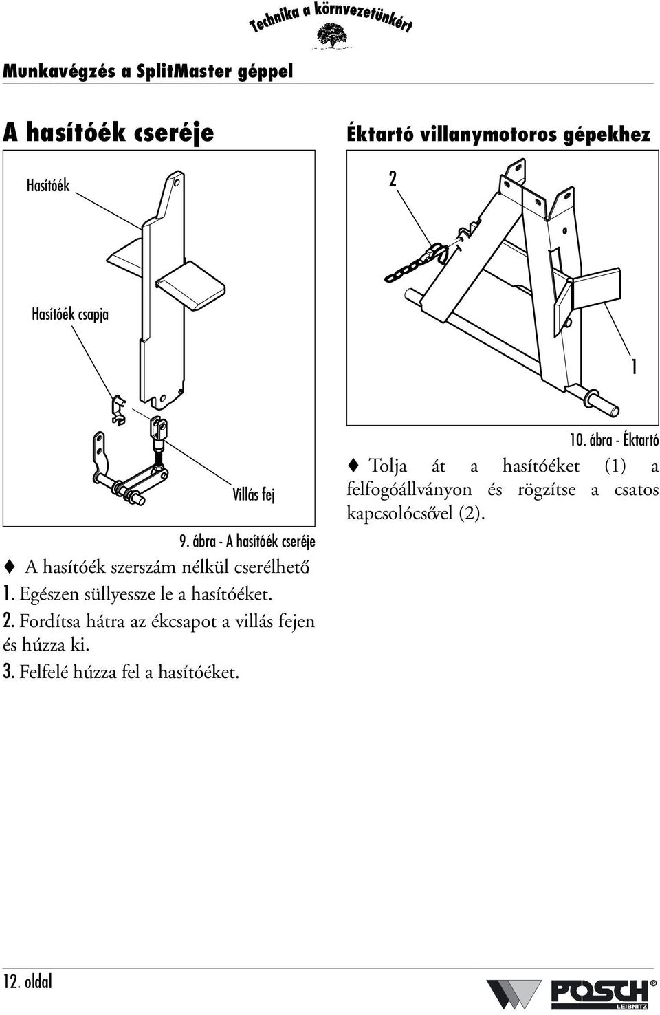 2. Fordítsa hátra az ékcsapot a villás fejen és húzza ki. 3. Felfelé húzza fel a hasítóéket. 10.