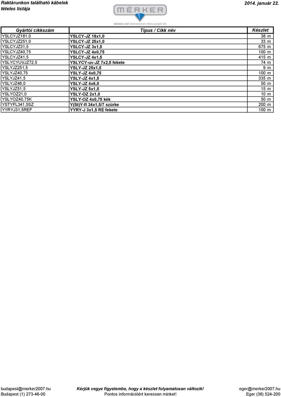 YSLY-JZ 4x0,75 100 m YSLYJZ41,5 YSLY-JZ 4x1,5 335 m YSLYJZ46,0 YSLY-JZ 4x6,0 50 m YSLYJZ51,5 YSLY-JZ 5x1,5 15 m YSLYOZ21,0 YSLY-OZ