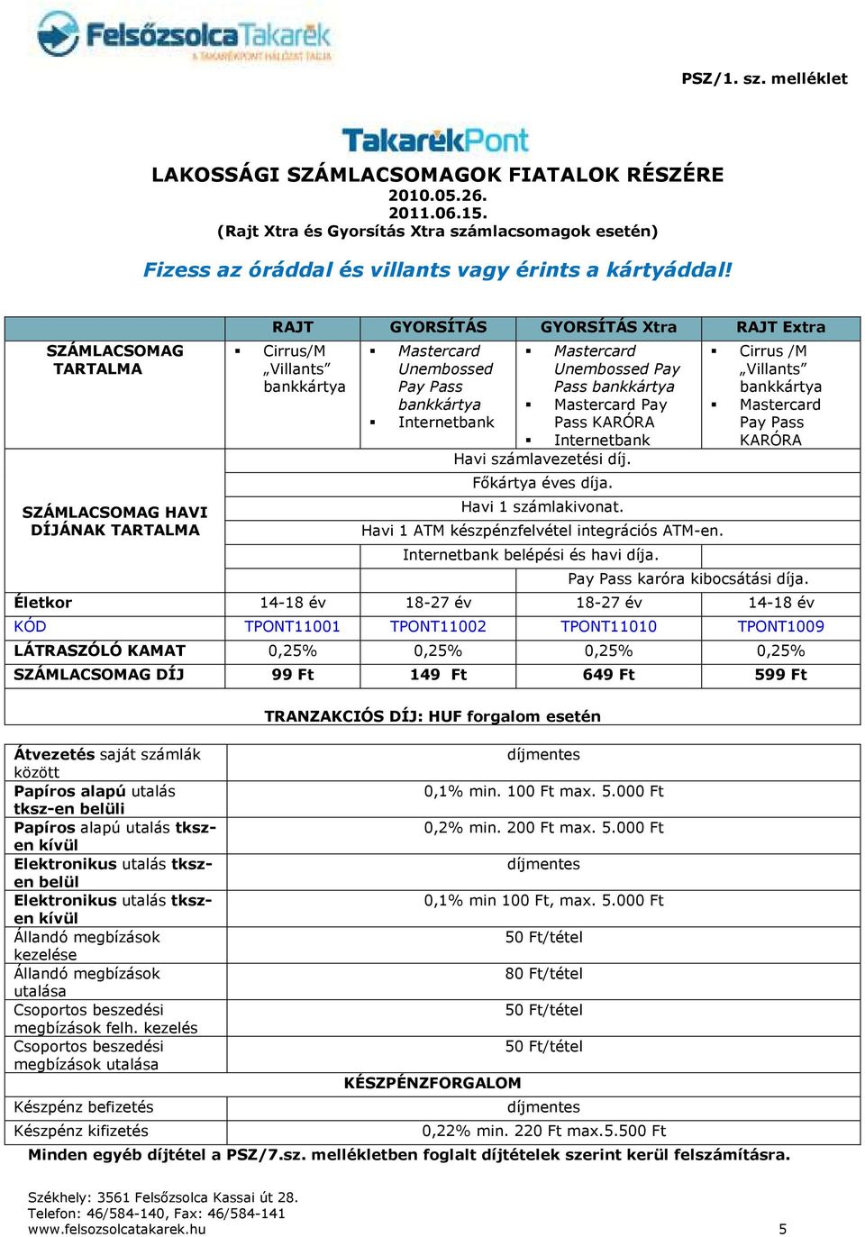 Unembossed Pay Pass bankkártya Mastercard Pay Pass KARÓRA Internetbank Havi számlavezetési díj. Főkártya éves díja. Havi 1 számlakivonat. Havi 1 ATM készpénzfelvétel integrációs ATM-en.