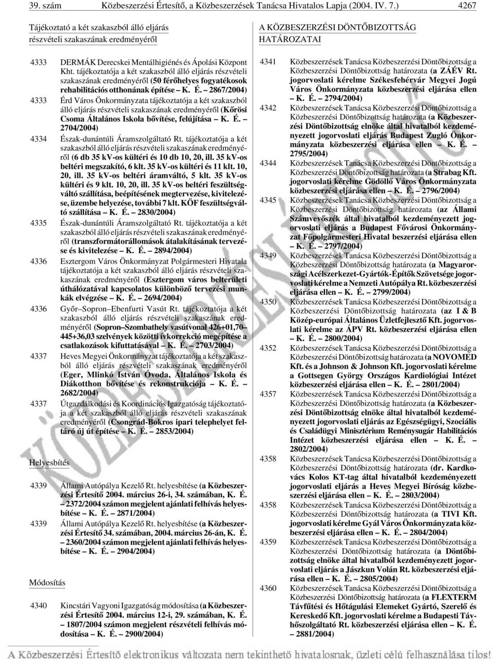 tájékoztatója a két szakaszból álló eljárás részvételi szakaszának eredményérõl (50 férõhelyes fogyatékosok rehabilitációs otthonának építése K. É.