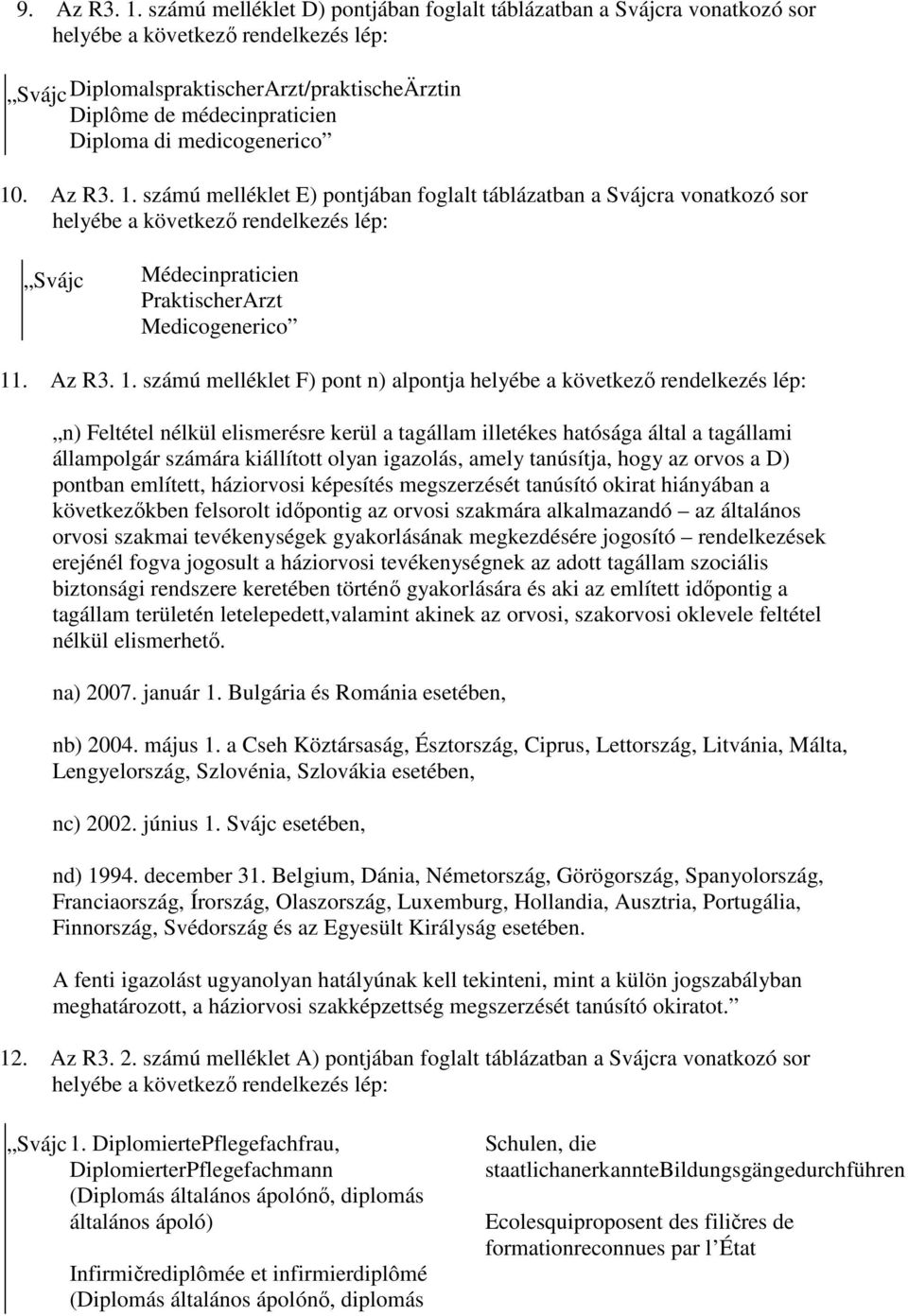 medicogenerico 10. Az R3. 1. számú melléklet E) pontjában foglalt táblázatban a Svájcra vonatkozó sor helyébe a következı rendelkezés lép: Svájc Médecinpraticien PraktischerArzt Medicogenerico 11.