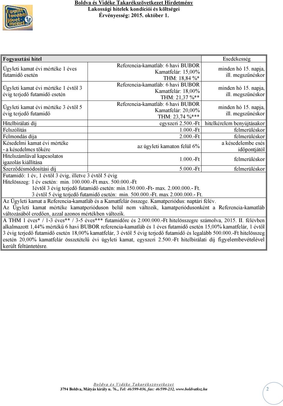 -Ft Felmondás díja 2.000.-Ft Hitelszámlával kapcsolatos igazolás kiállítása 1.000.-Ft Szerződésmódosítási díj 5.000.-Ft Futamidő: 1 év, 1 évtől 3 évig, illetve 3 évtől 5 évig Hitelösszeg: 1 év esetén: min.