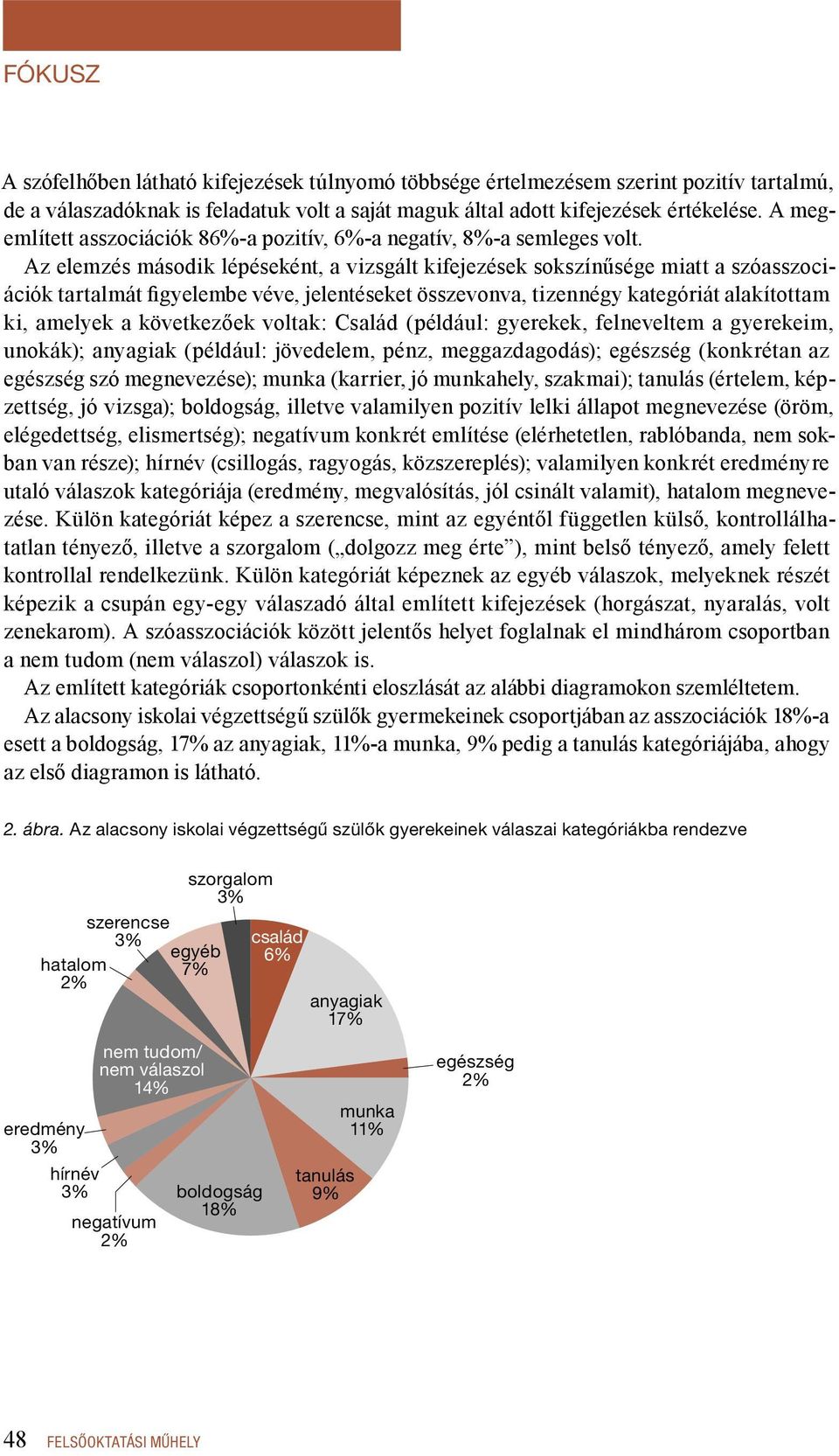 Az elemzés második lépéseként, a vizsgált kifejezések sokszínűsége miatt a szóasszociációk tartalmát figyelembe véve, jelentéseket összevonva, tizennégy kategóriát alakítottam ki, amelyek a