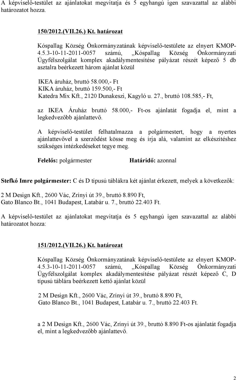 3-10-11-2011-0057 számú, Kóspallag Község Önkormányzati Ügyfélszolgálat komplex akadálymentesítése pályázat részét képező 5 db asztalra beérkezett három ajánlat közül IKEA áruház, bruttó 58.