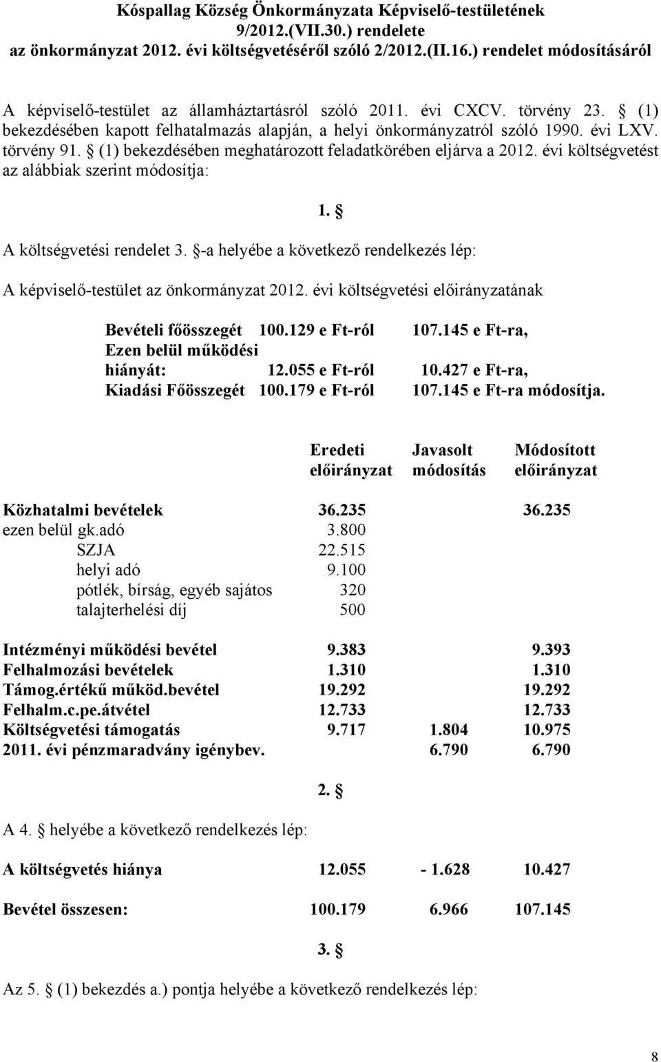 törvény 91. (1) bekezdésében meghatározott feladatkörében eljárva a 2012. évi költségvetést az alábbiak szerint módosítja: 1. A költségvetési rendelet 3.