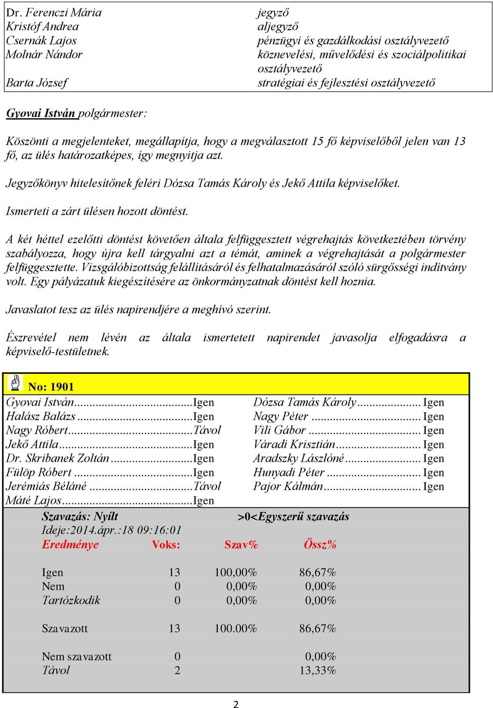 Jegyzőkönyv hitelesítőnek feléri Dózsa Tamás Károly és Jekő Attila képviselőket. Ismerteti a zárt ülésen hozott döntést.