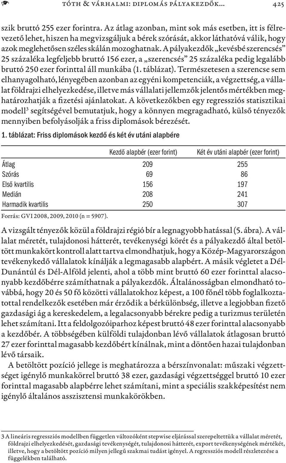 A pályakezdők kevésbé szerencsés 25 százaléka legfeljebb bruttó 156 ezer, a szerencsés 25 százaléka pedig legalább bruttó 250 ezer forinttal áll munkába (1. táblázat).