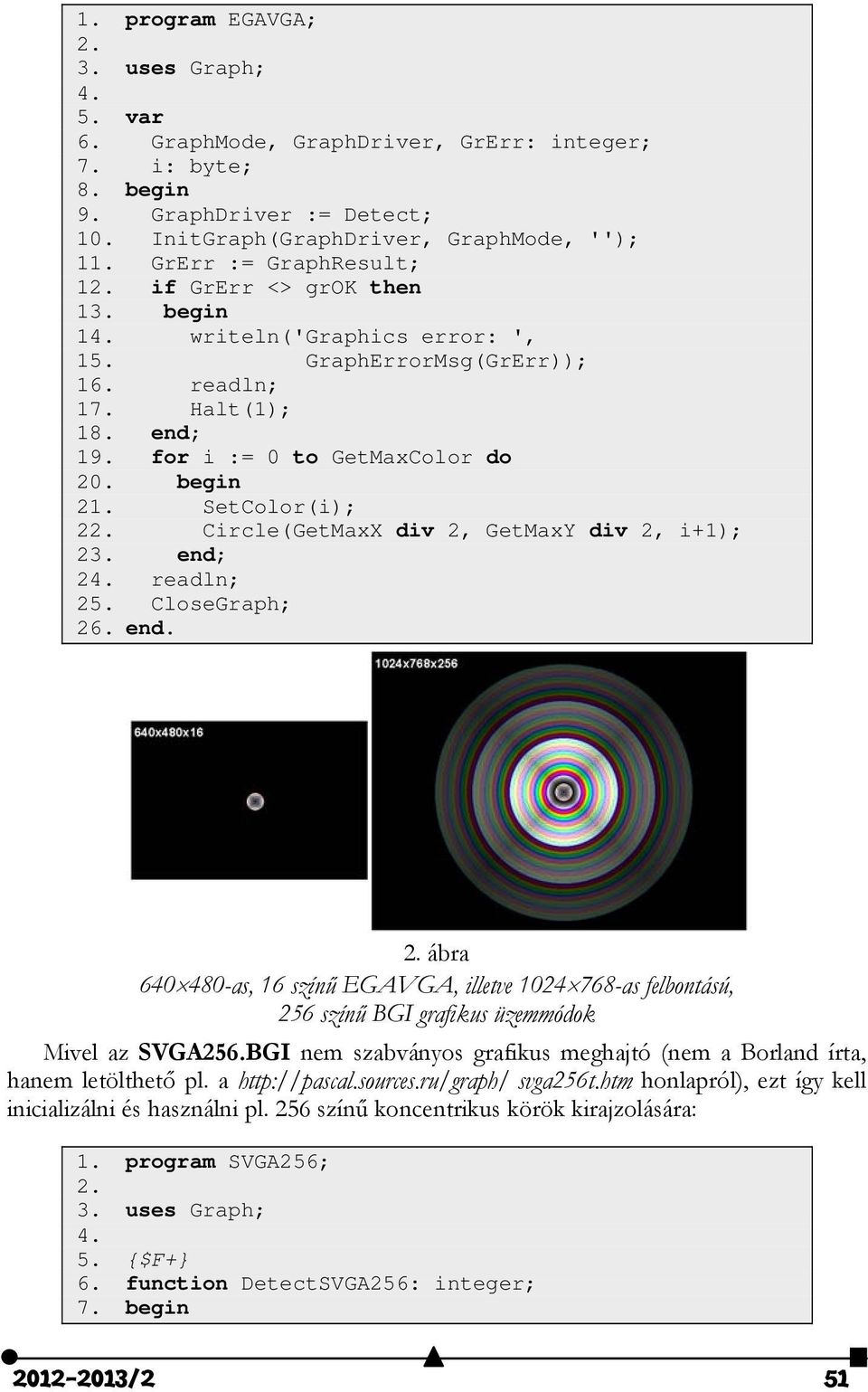 Circle(GetMaxX div, GetMaxY div, i+1); 3. end; 4. readln; 5. CloseGraph; 6. end.. ábra 640480-as, 16 színű EGAVGA, illetve 104768-as felbontású, 56 színű BGI grafikus üzemmódok Mivel az SVGA56.