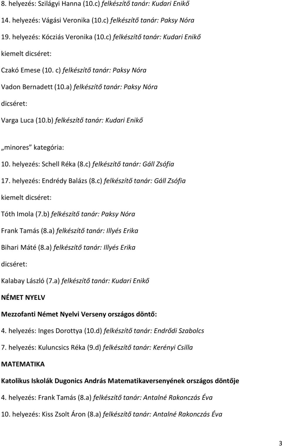 b) felkészítő tanár: Kudari Enikő minores kategória: 10. helyezés: Schell Réka (8.c) felkészítő tanár: Gáll Zsófia 17. helyezés: Endrédy Balázs (8.