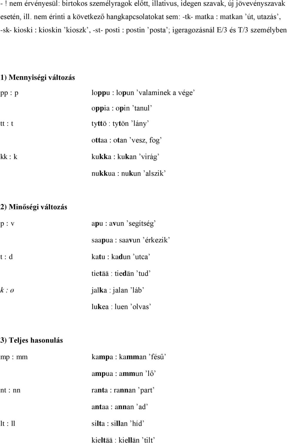 változás pp : p loppu : lopun valaminek a vége oppia : opin tanul tt : t tyttö : tytön lány ottaa : otan vesz, fog kk : k kukka : kukan virág nukkua : nukun alszik 2) Minőségi változás p : v