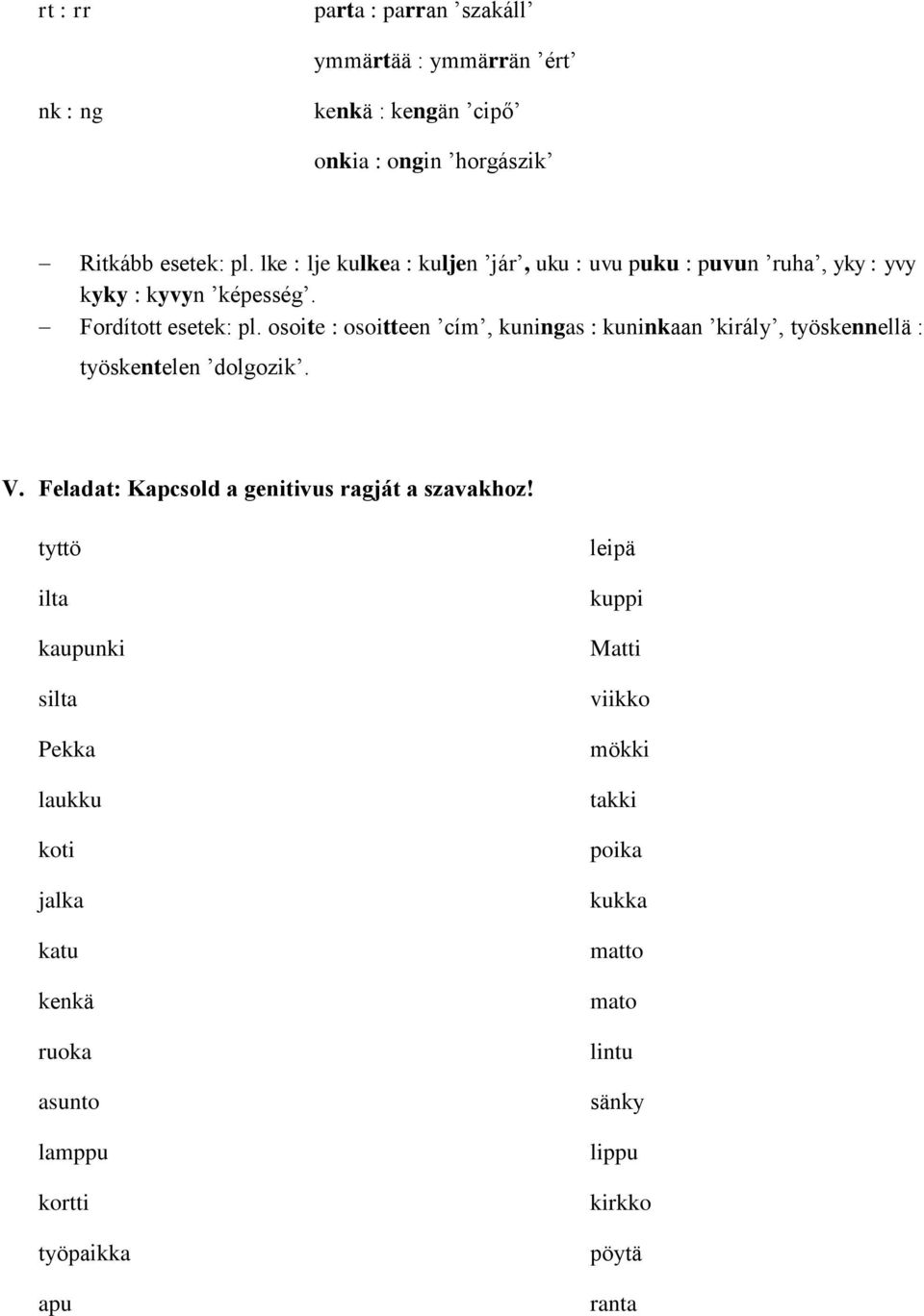 osoite : osoitteen cím, kuningas : kuninkaan király, työskennellä : työskentelen dolgozik. V. Feladat: Kapcsold a genitivus ragját a szavakhoz!