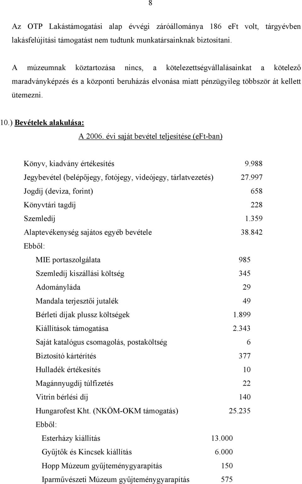 ) Bevételek alakulása: A 2006. évi saját bevétel teljesítése (eftban) Könyv, kiadvány értékesítés 9.988 Jegybevétel (belépőjegy, fotójegy, videójegy, tárlatvezetés) 27.