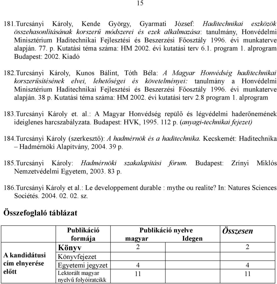 Beszerzési Főosztály 1996. évi munkaterve alapján. 77. p. Kutatási téma száma: HM 2002. évi kutatási terv 6.1. program 1. alprogram Budapest: 2002. Kiadó 182.